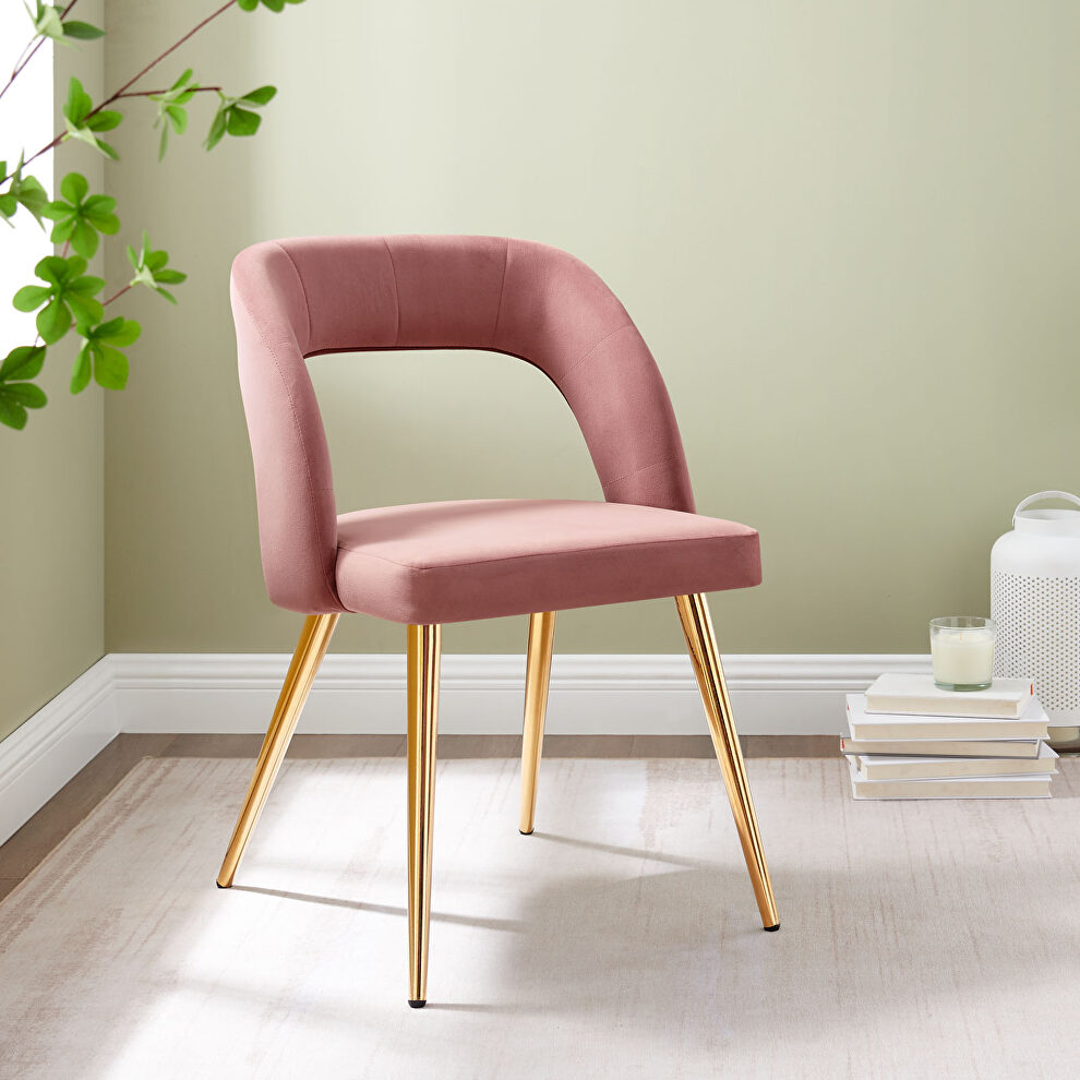 Dusty rose finish velvet upholstery and polished gold legs dining chair by Modway