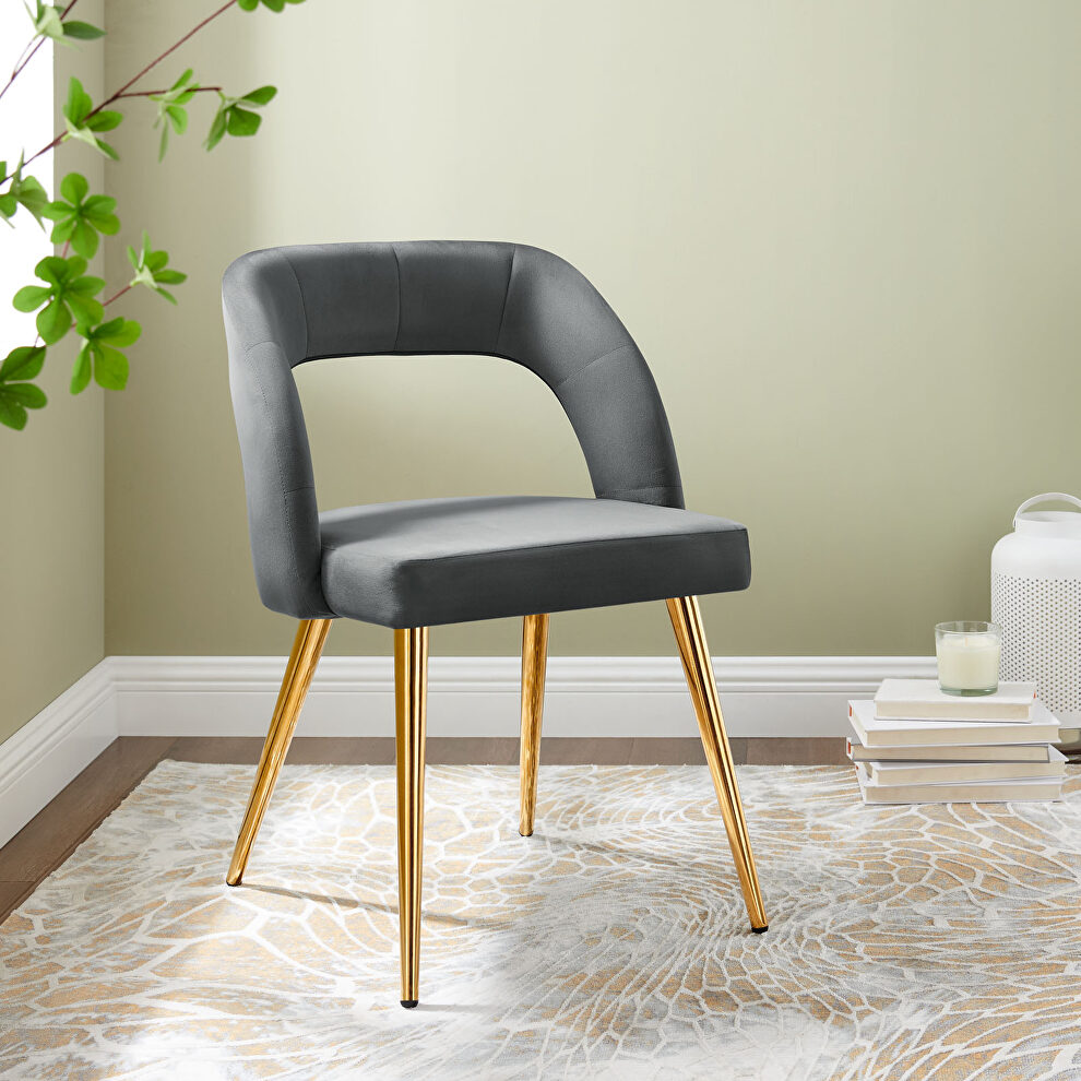 Gray finish velvet upholstery and polished gold legs dining chair by Modway