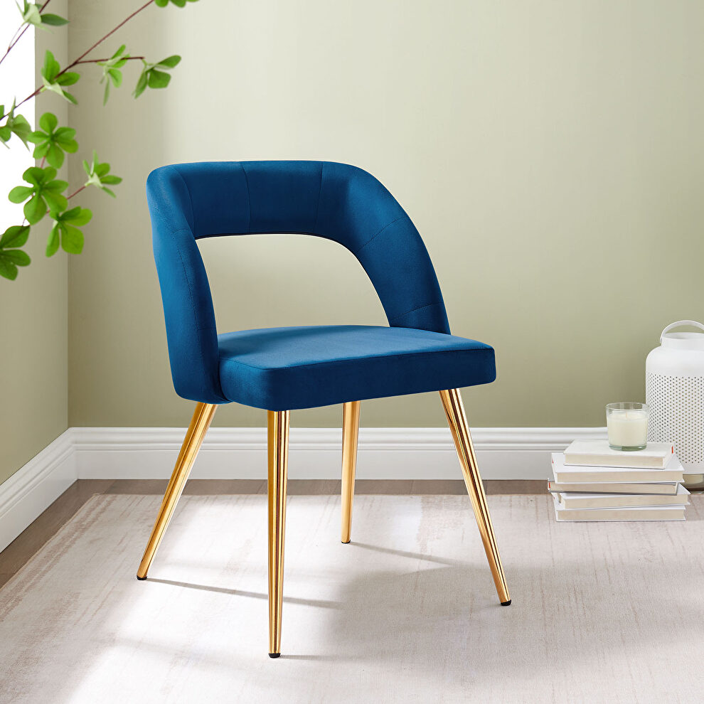 Navy finish velvet upholstery and polished gold legs dining chair by Modway
