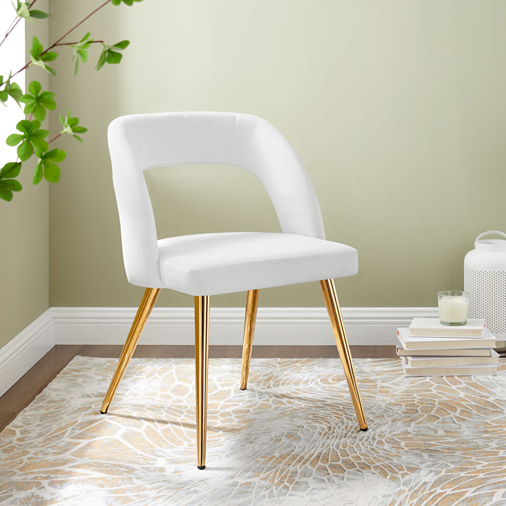 White finish velvet upholstery and polished gold legs dining chair by Modway