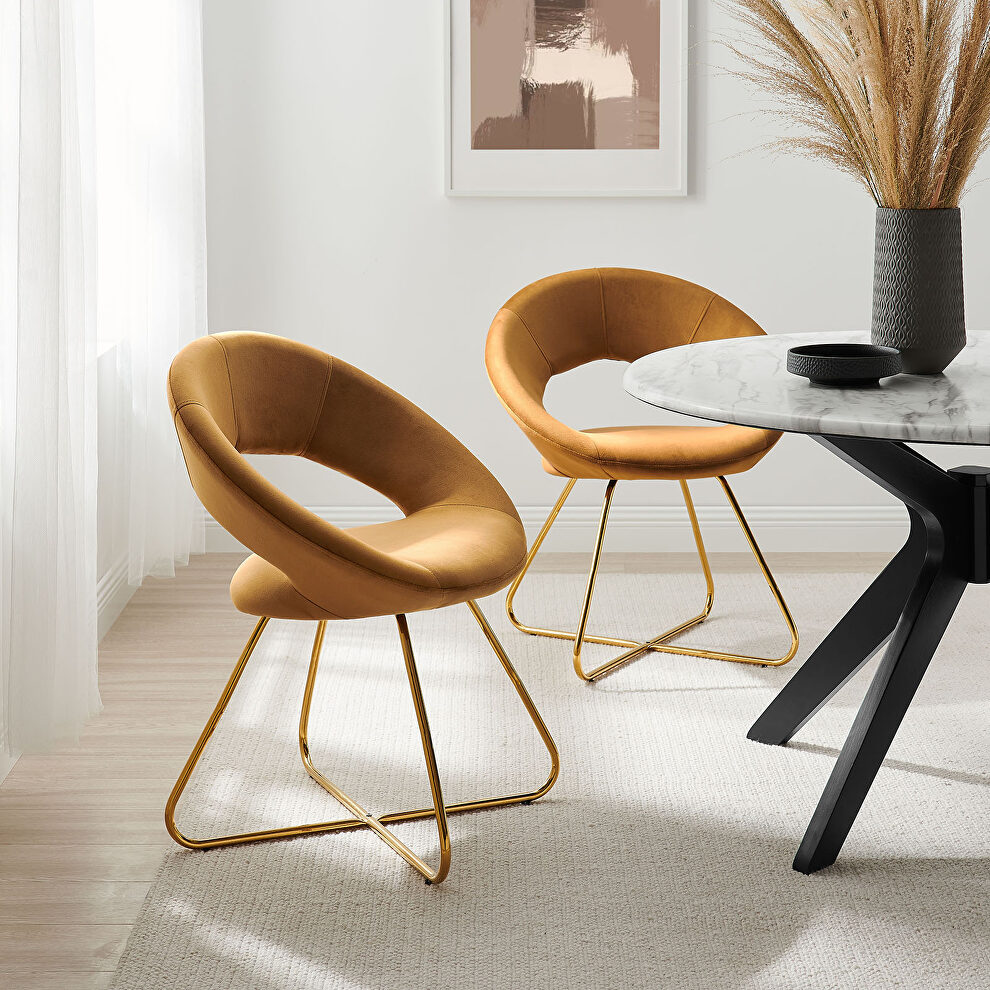 Performance velvet dining chair in gold and cognac finish (set of 2) by Modway