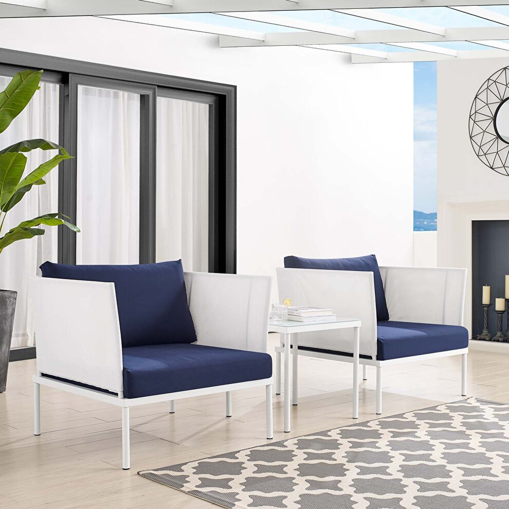 3-piece sunbrellaÂ® outdoor patio aluminum seating set in white/ navy by Modway