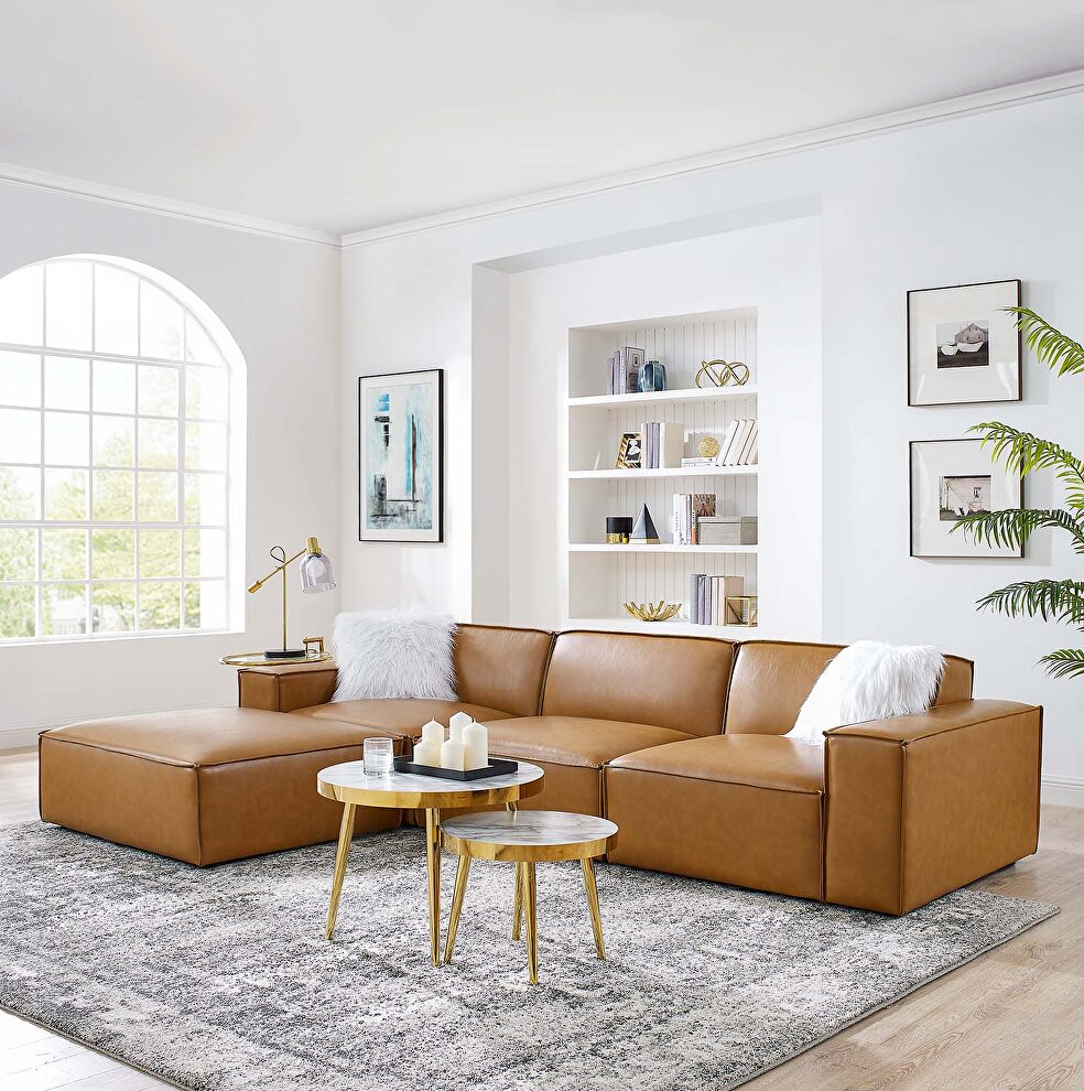 4-piece vegan leather sectional sofa in tan by Modway
