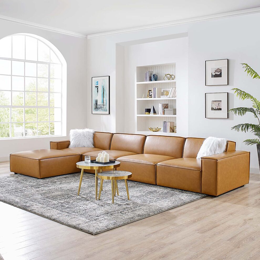 5-piece vegan leather sectional sofa in tan by Modway