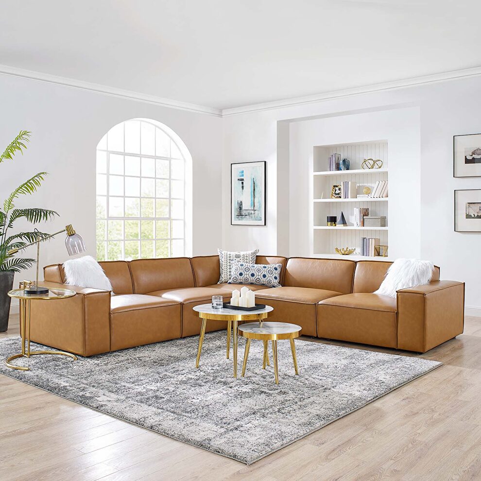 Modular 5-piece vegan leather sectional sofa in tan by Modway