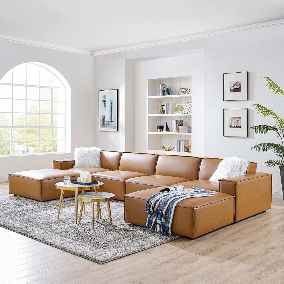 6-piece vegan leather sectional sofa in tan by Modway