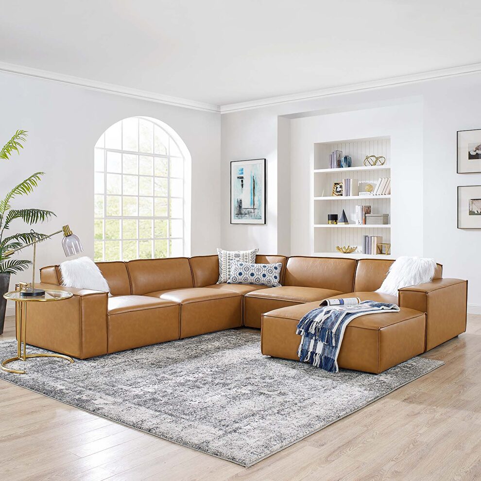 Modular 6-piece vegan leather sectional sofa in tan by Modway