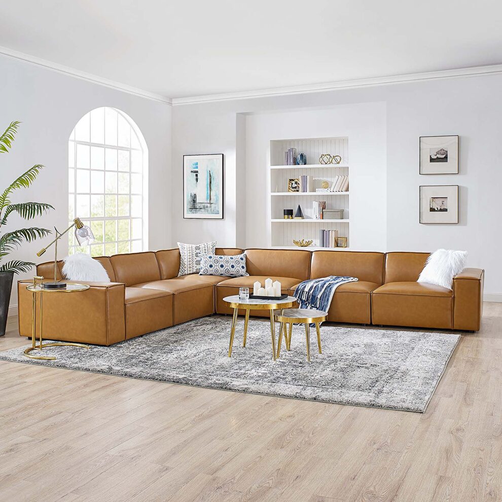 Tan finish modular 6-piece vegan leather sectional sofa by Modway