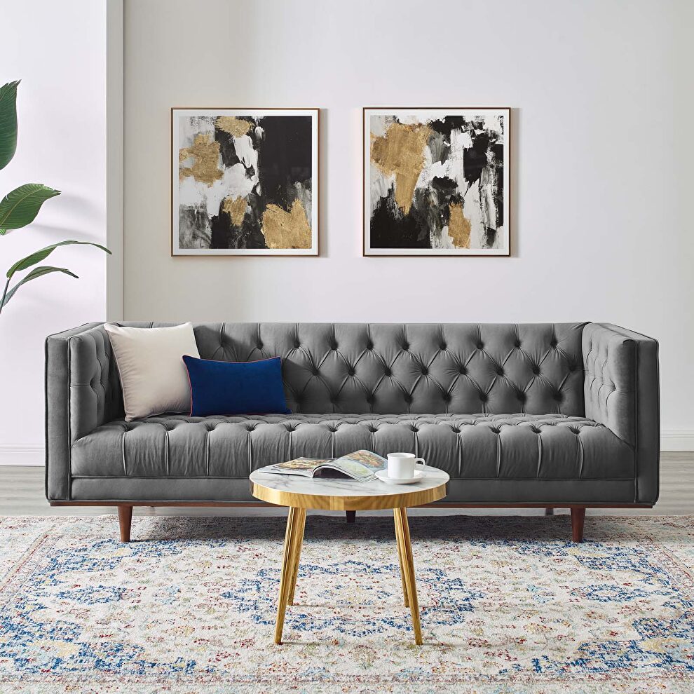 Tufted performance velvet sofa in gray finish by Modway