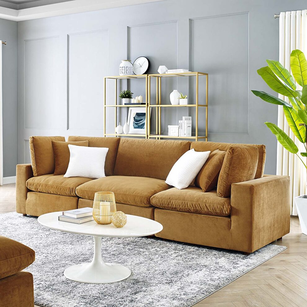 Down filled overstuffed performance velvet 3-seater sofa in cognac by Modway