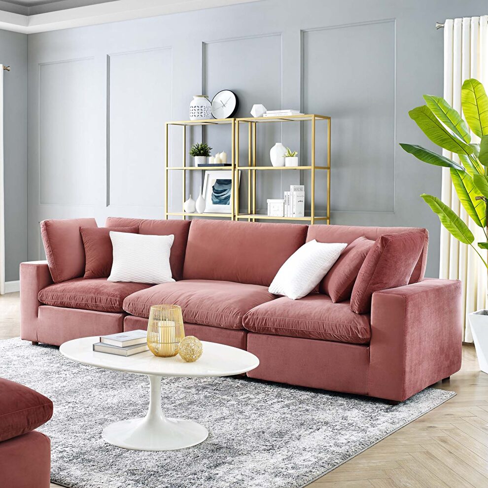 Down filled overstuffed performance velvet 3-seater sofa in dusty rose by Modway