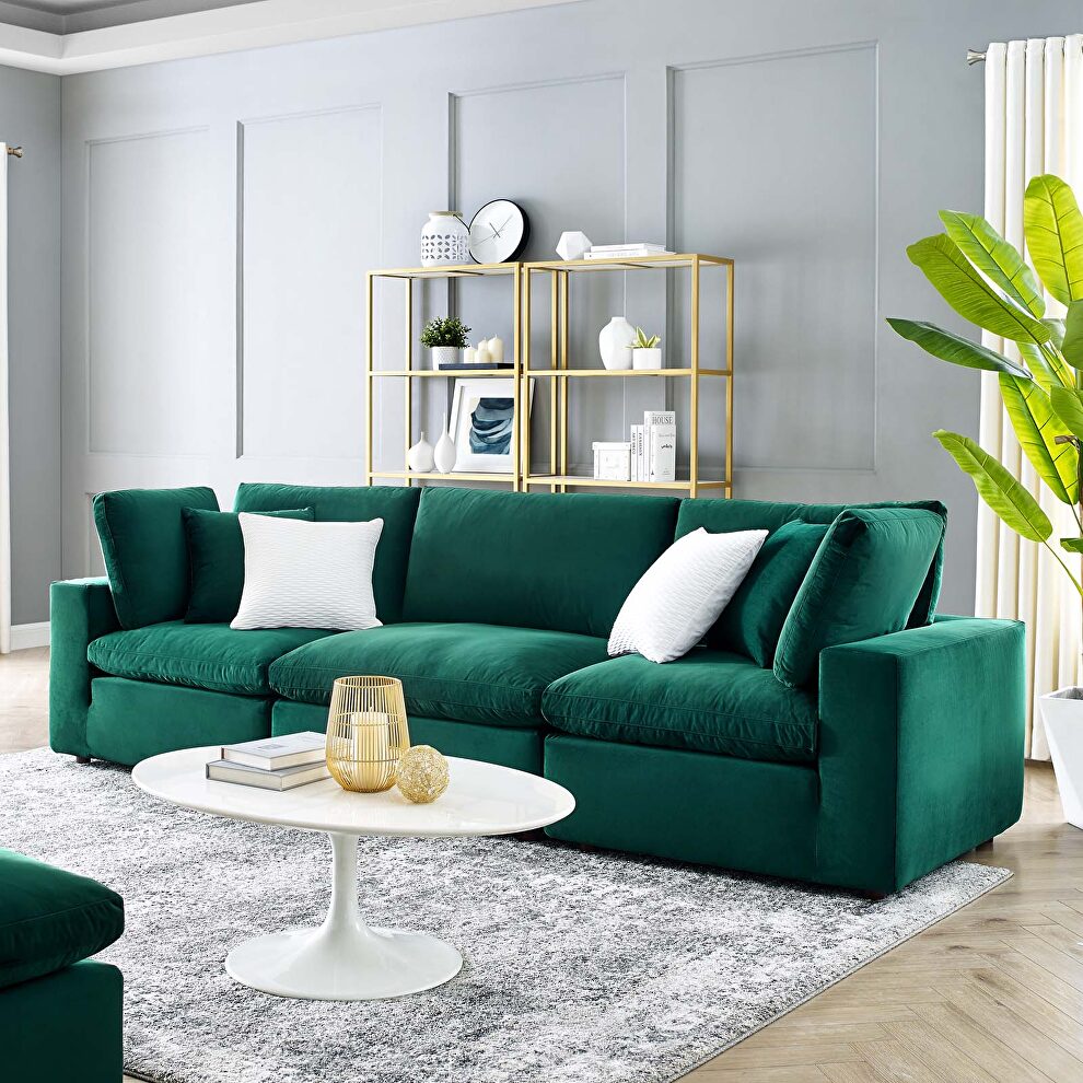 Down filled overstuffed performance velvet 3-seater sofa in green by Modway