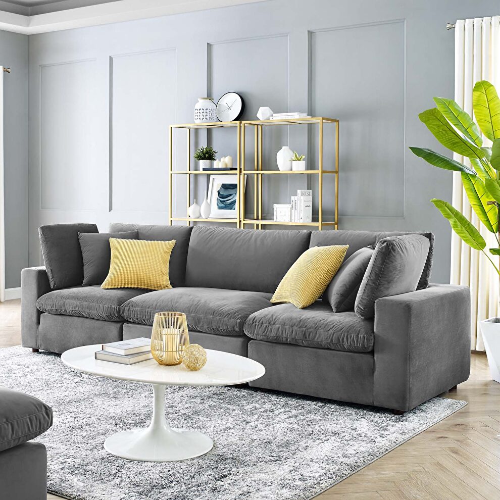 Down filled overstuffed performance velvet 3-seater sofa in gray by Modway