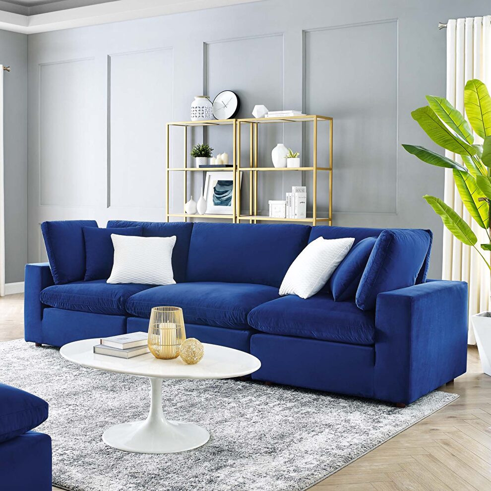 Down filled overstuffed performance velvet 3-seater sofa in navy by Modway