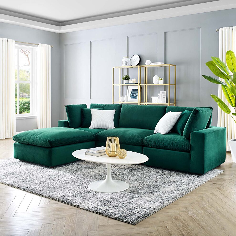 Down filled overstuffed performance velvet 4-piece sectional sofa in green by Modway