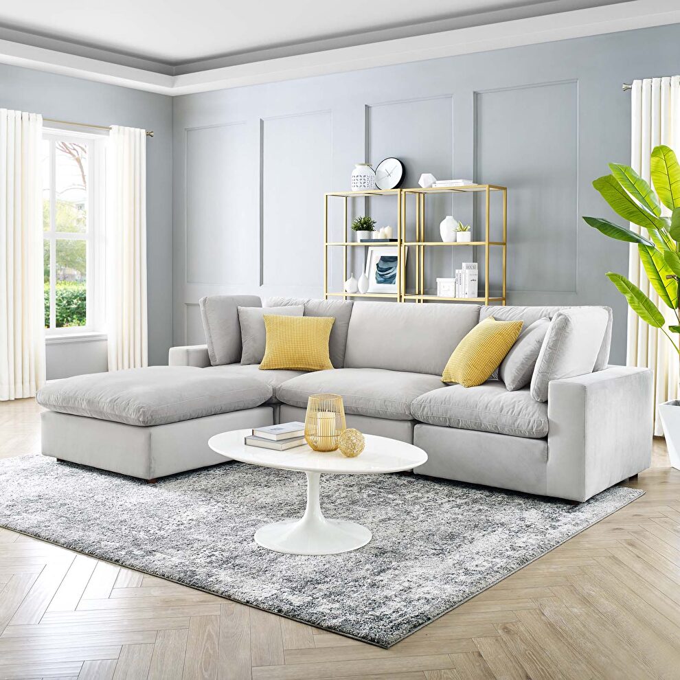 Down filled overstuffed performance velvet 4-piece sectional sofa in light gray by Modway