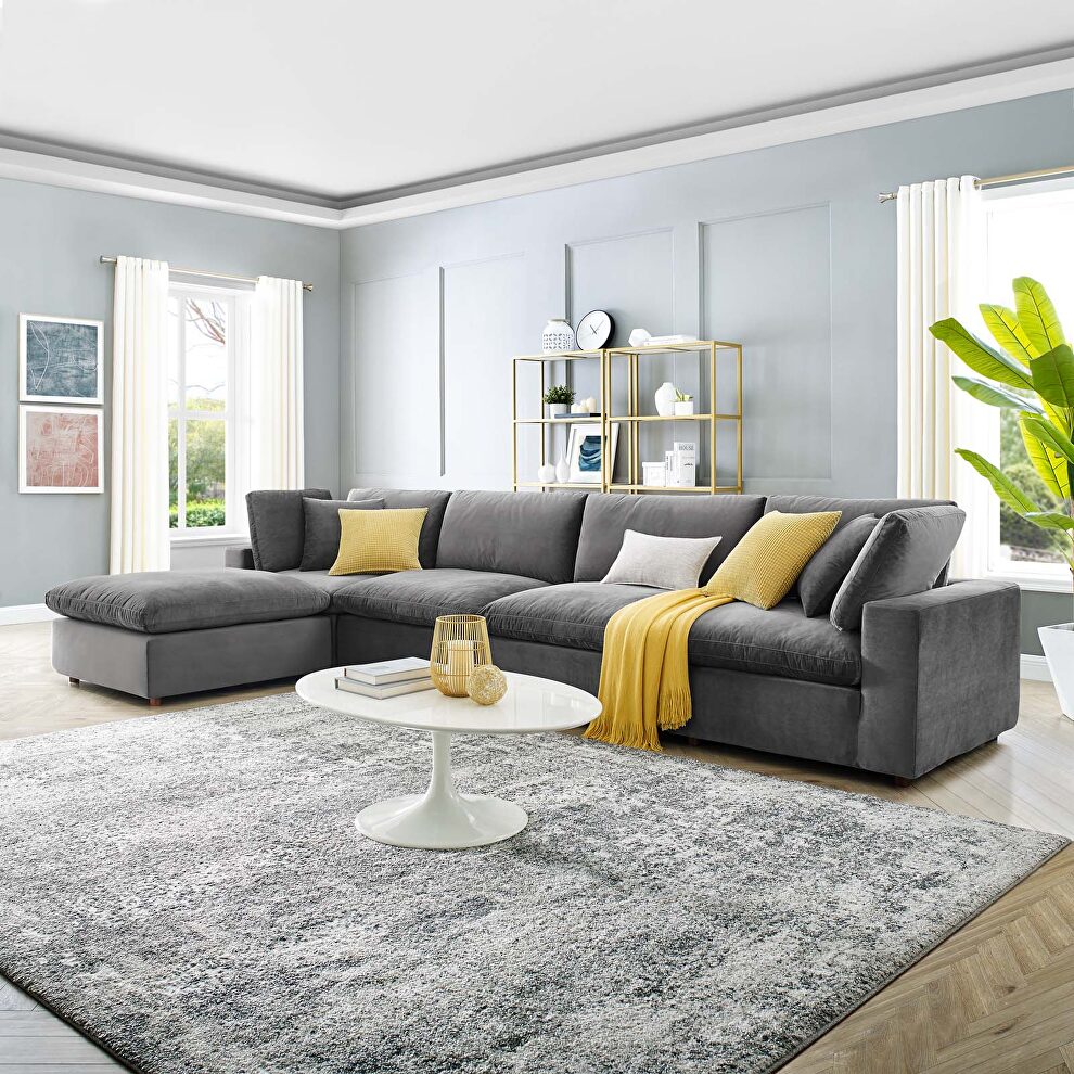 Down filled overstuffed performance velvet 5-piece sectional sofa in gray by Modway