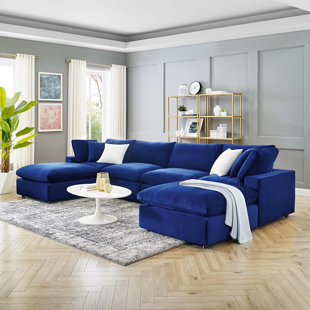 Down filled overstuffed performance velvet 6-piece sectional sofa in navy by Modway