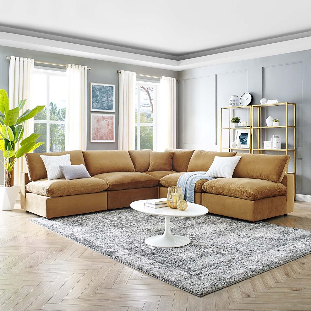 Down filled overstuffed performance velvet 5-piece sectional sofa in cognac by Modway