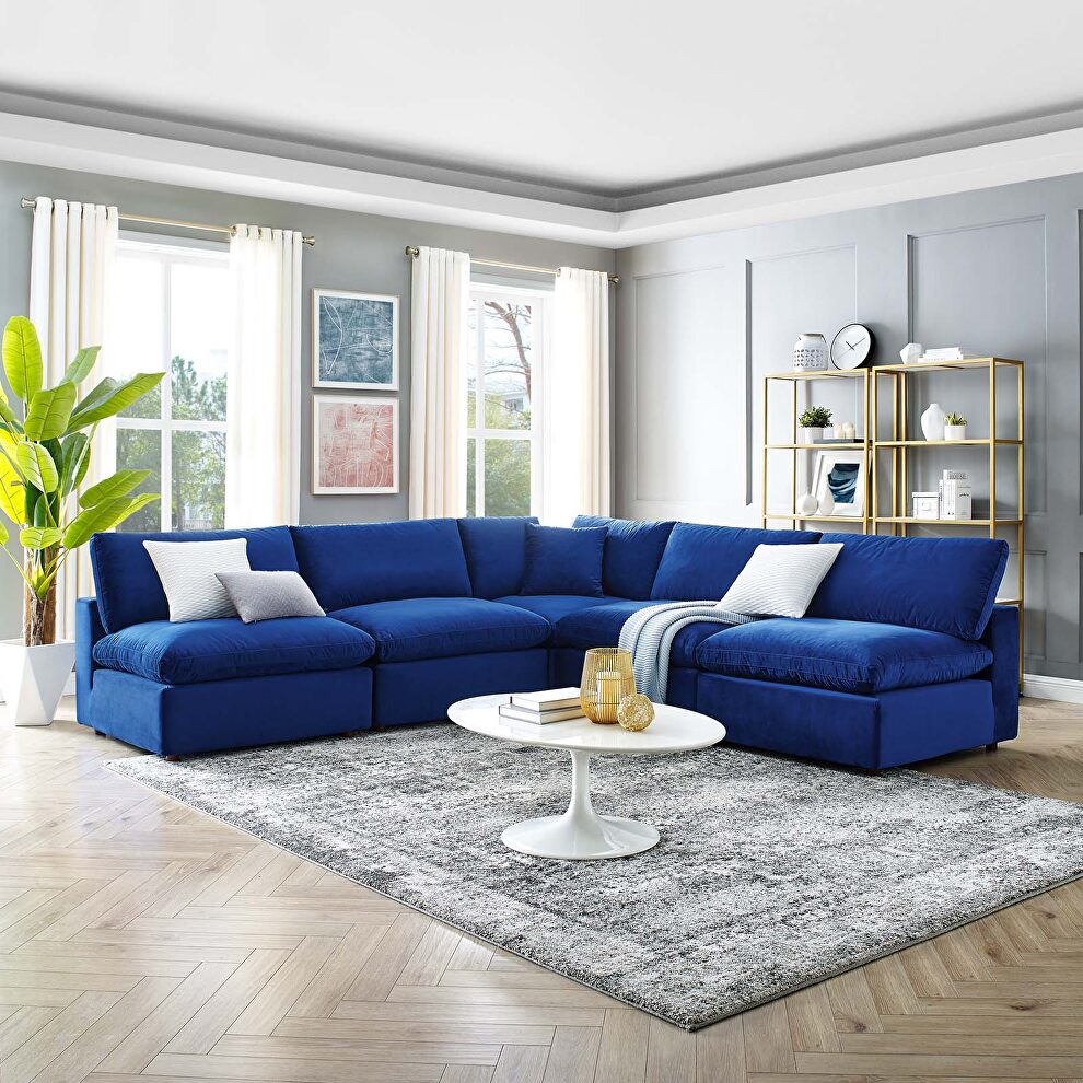 Down filled overstuffed performance velvet 5-piece sectional sofa in navy by Modway