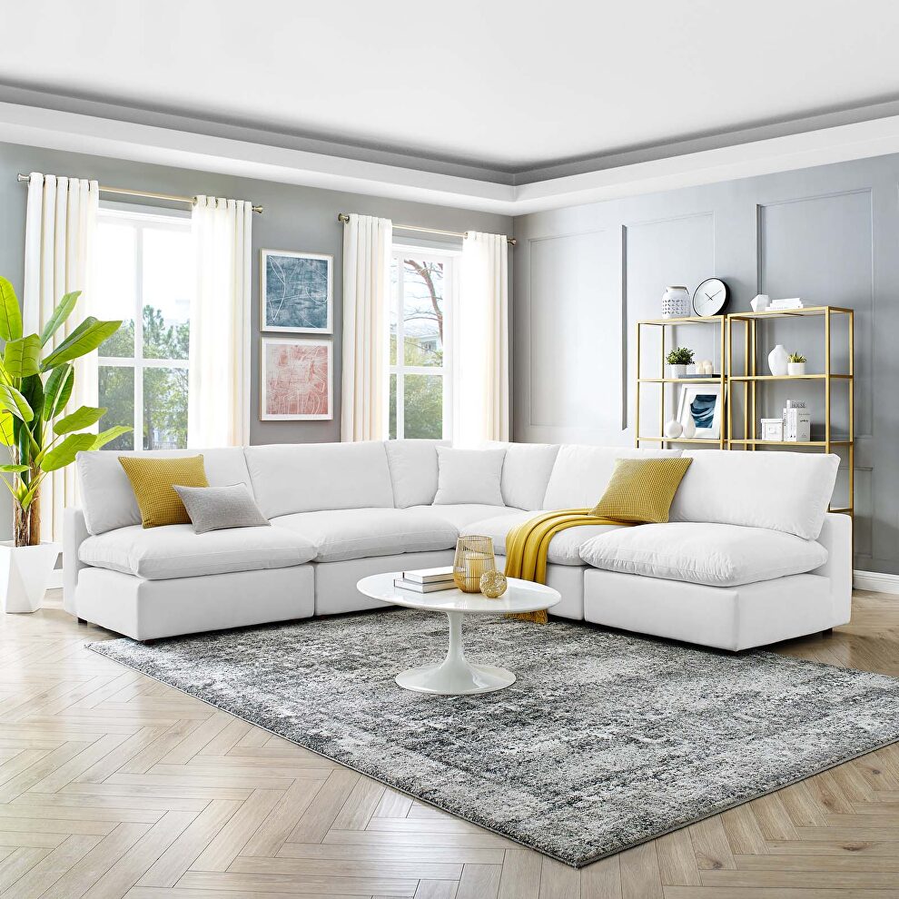 Down filled overstuffed performance velvet 5-piece sectional sofa in white by Modway
