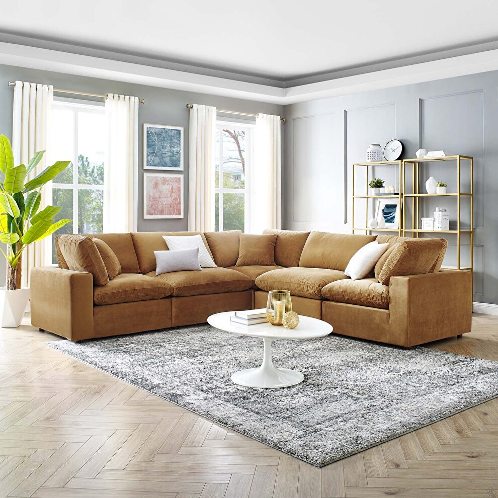 Down filled overstuffed performance velvet 5-piece sectional sofa in cognac by Modway