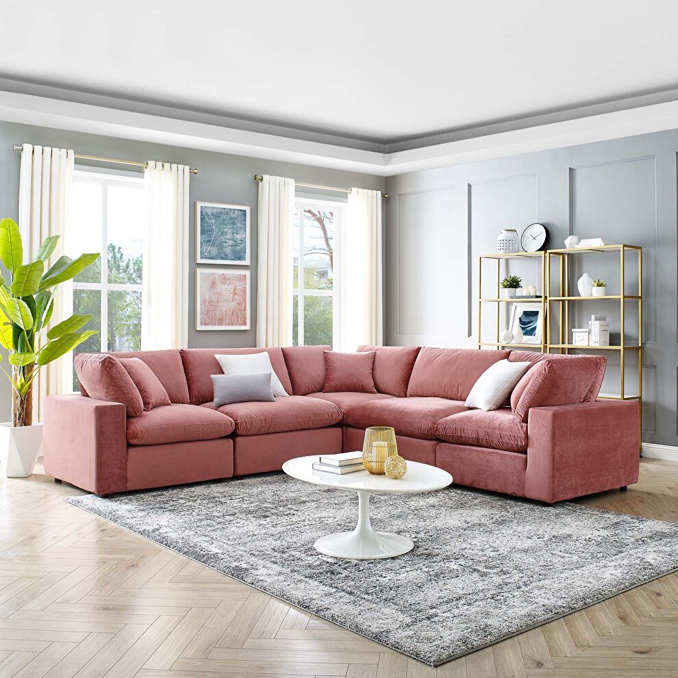 Down filled overstuffed performance velvet 5-piece sectional sofa in dusty rose by Modway