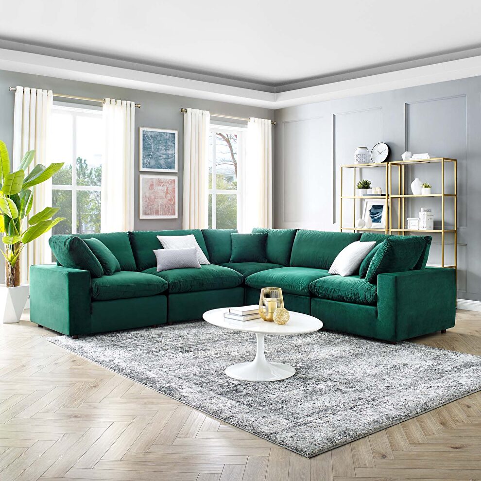 Down filled overstuffed performance velvet 5-piece sectional sofa in green by Modway