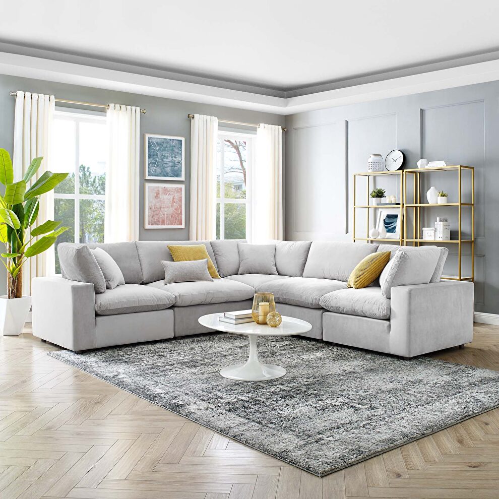 Down filled overstuffed performance velvet 5-piece sectional sofa in light gray by Modway