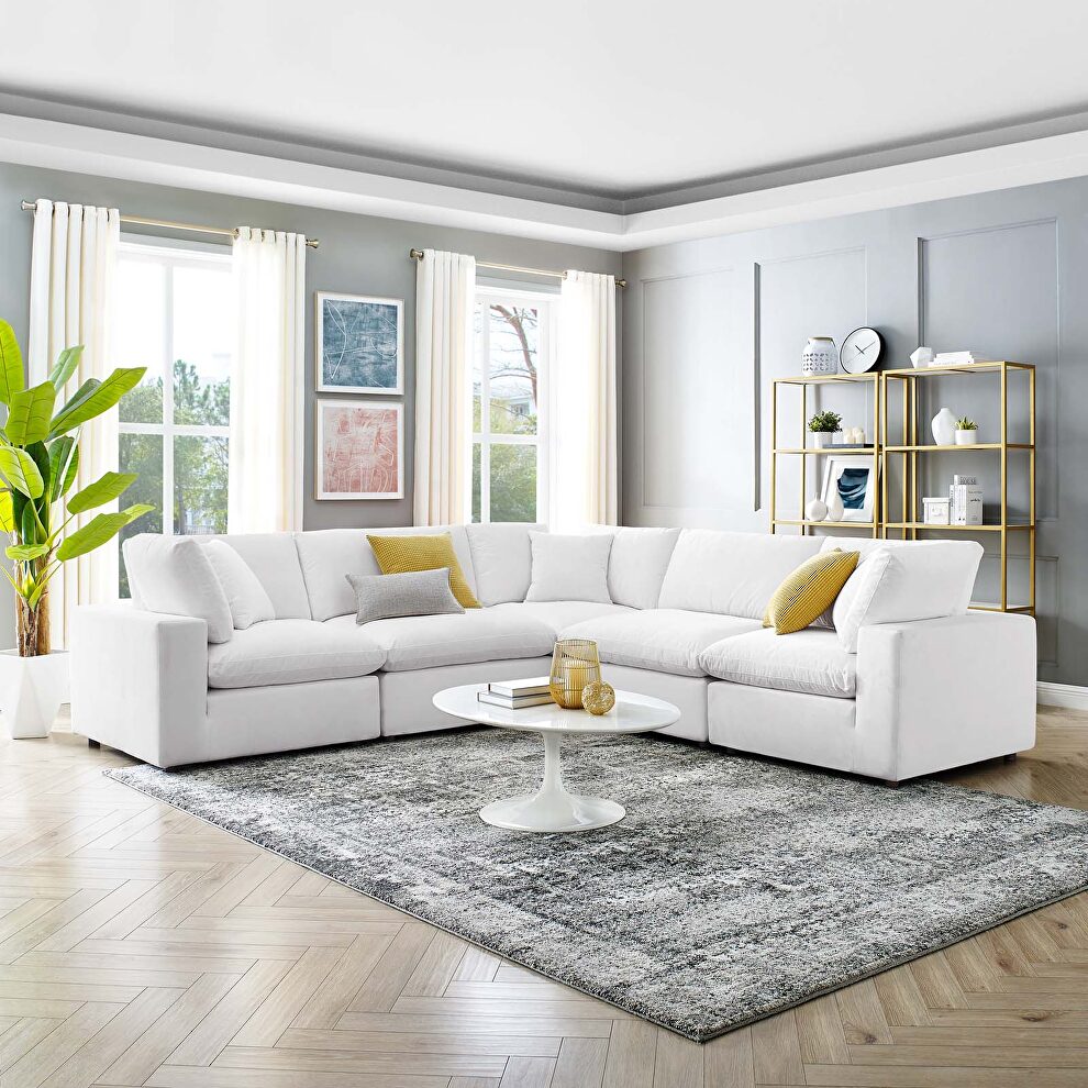 Down filled overstuffed performance velvet 5-piece sectional sofa in white by Modway