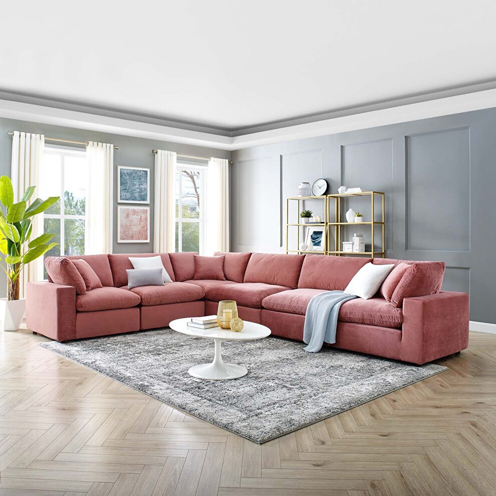 Down filled overstuffed performance velvet 6-piece sectional sofa in dusty rose by Modway