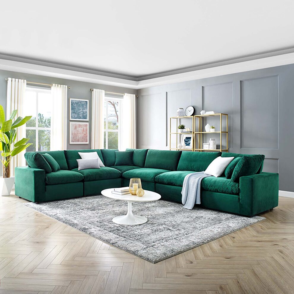 Down filled overstuffed performance velvet 6-piece sectional sofa in green by Modway