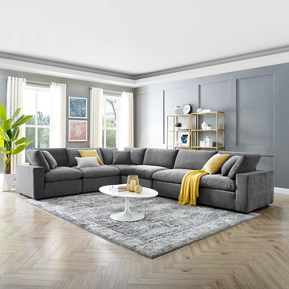 Down filled overstuffed performance velvet 6-piece sectional sofa in gray by Modway