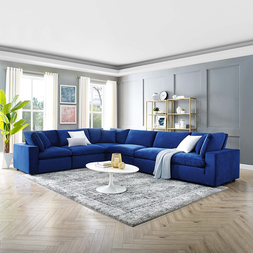 Down filled overstuffed performance velvet 6-piece sectional sofa in navy by Modway