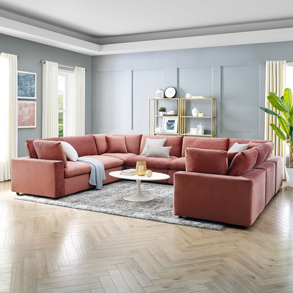 Down filled overstuffed performance velvet 8-piece sectional sofa in dusty rose by Modway