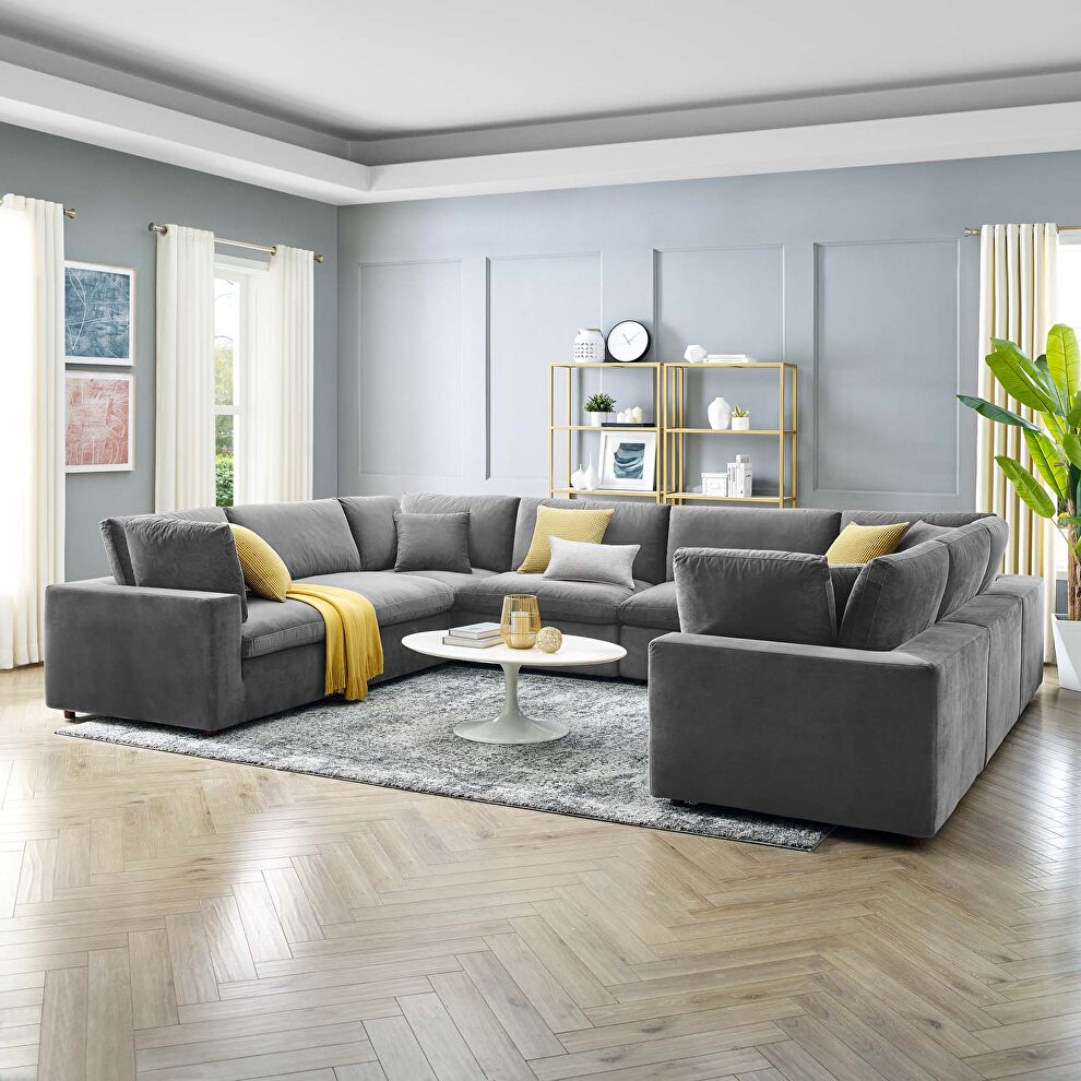 Down filled overstuffed performance velvet 8-piece sectional sofa in gray by Modway