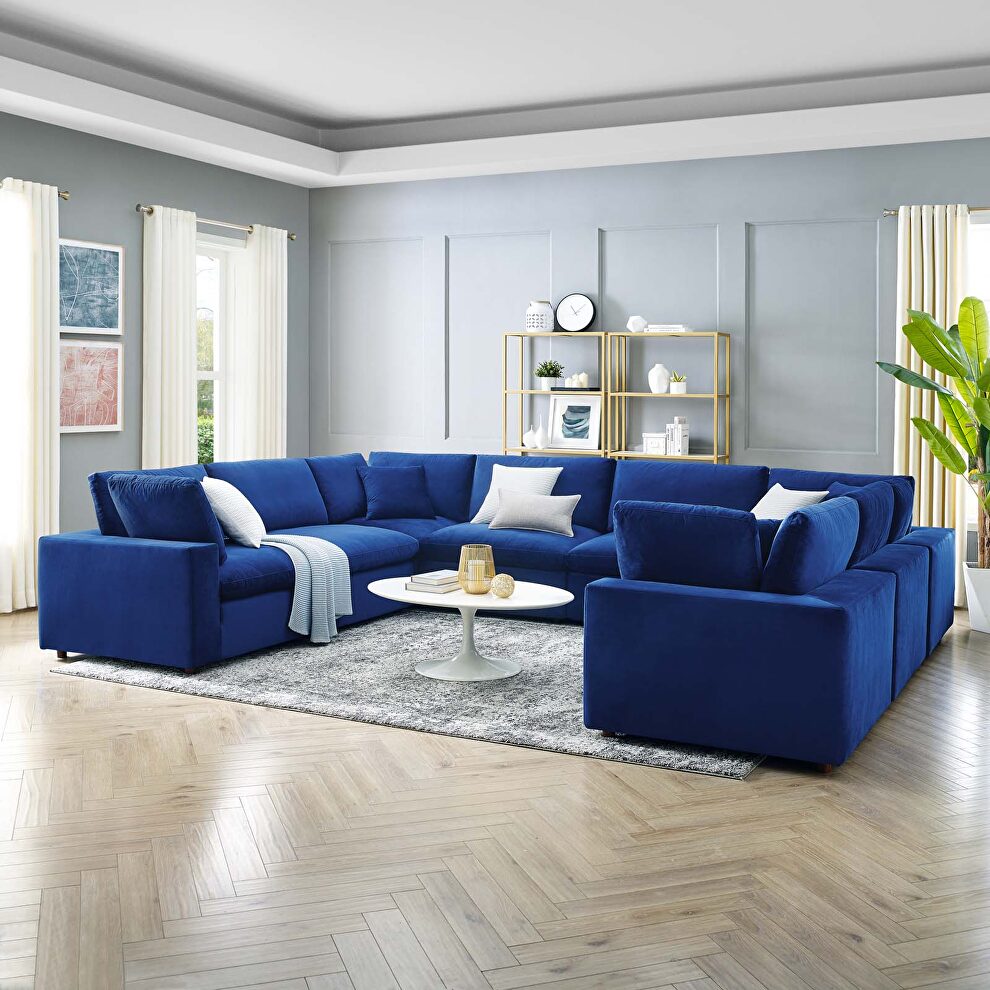 Down filled overstuffed performance velvet 8-piece sectional sofa in navy by Modway