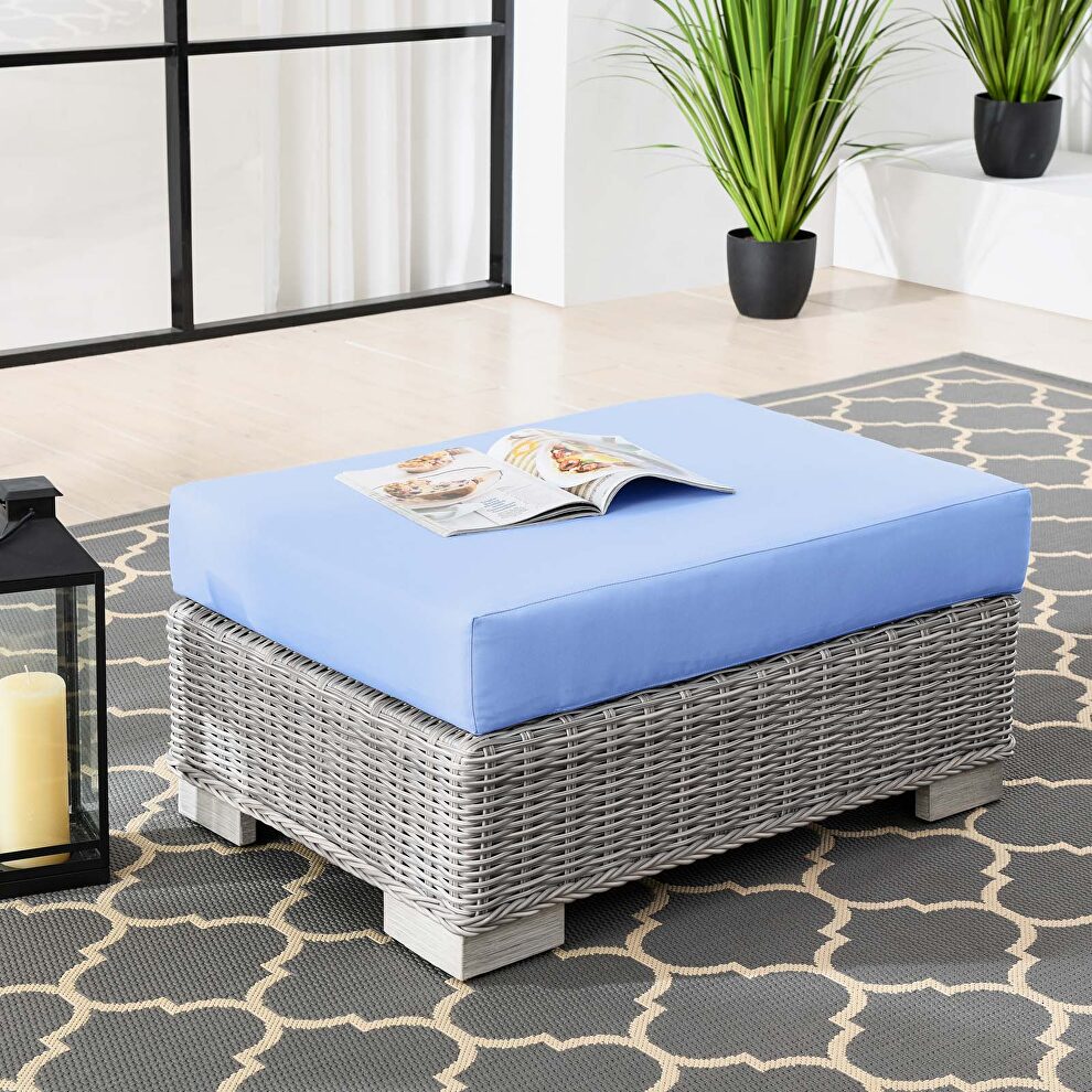 Outdoor patio wicker rattan ottoman in light gray/ light blue by Modway