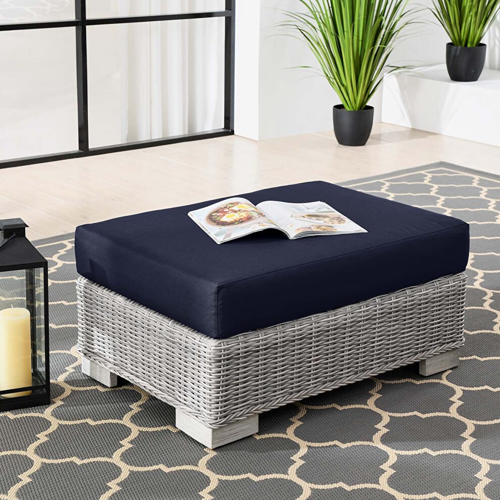 Outdoor patio wicker rattan ottoman in light gray/ navy by Modway