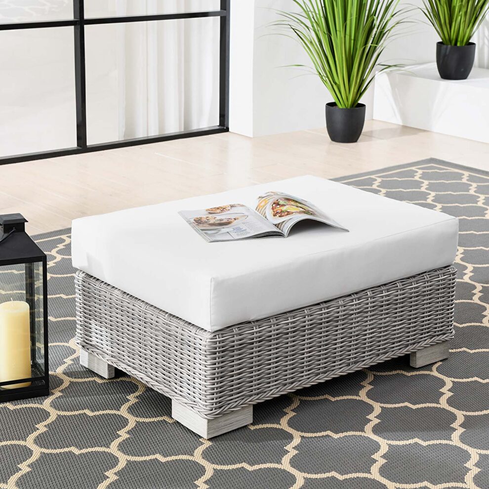 Outdoor patio wicker rattan ottoman in light gray/ white by Modway