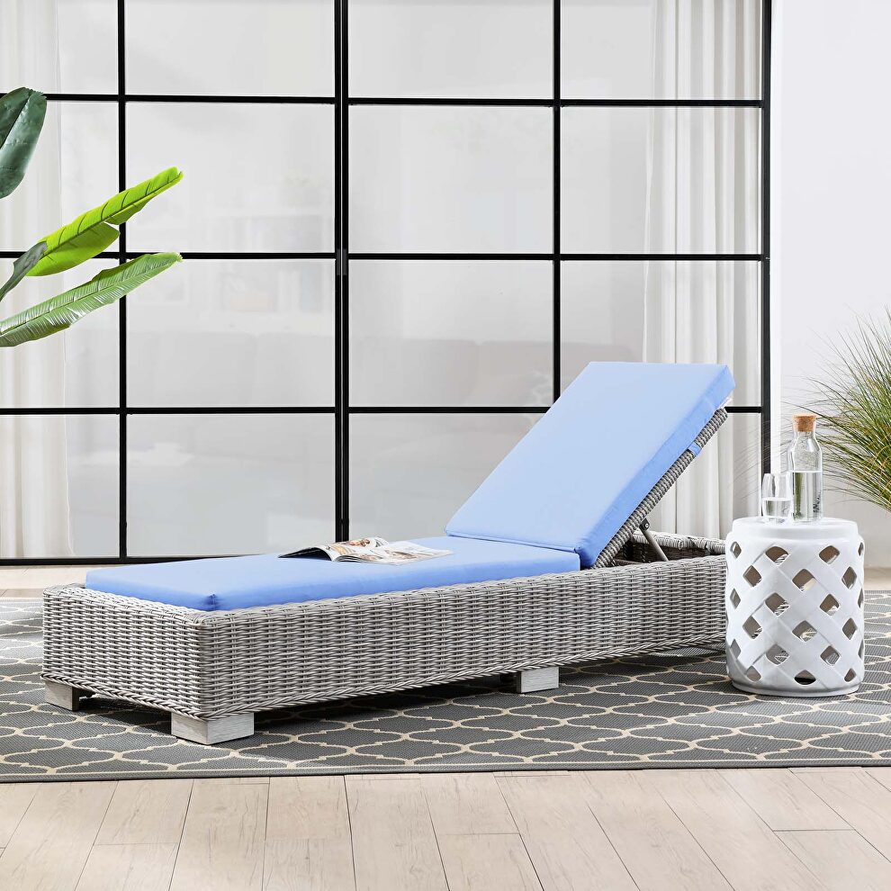 Outdoor patio wicker rattan chaise lounge in light gray/ light blue by Modway