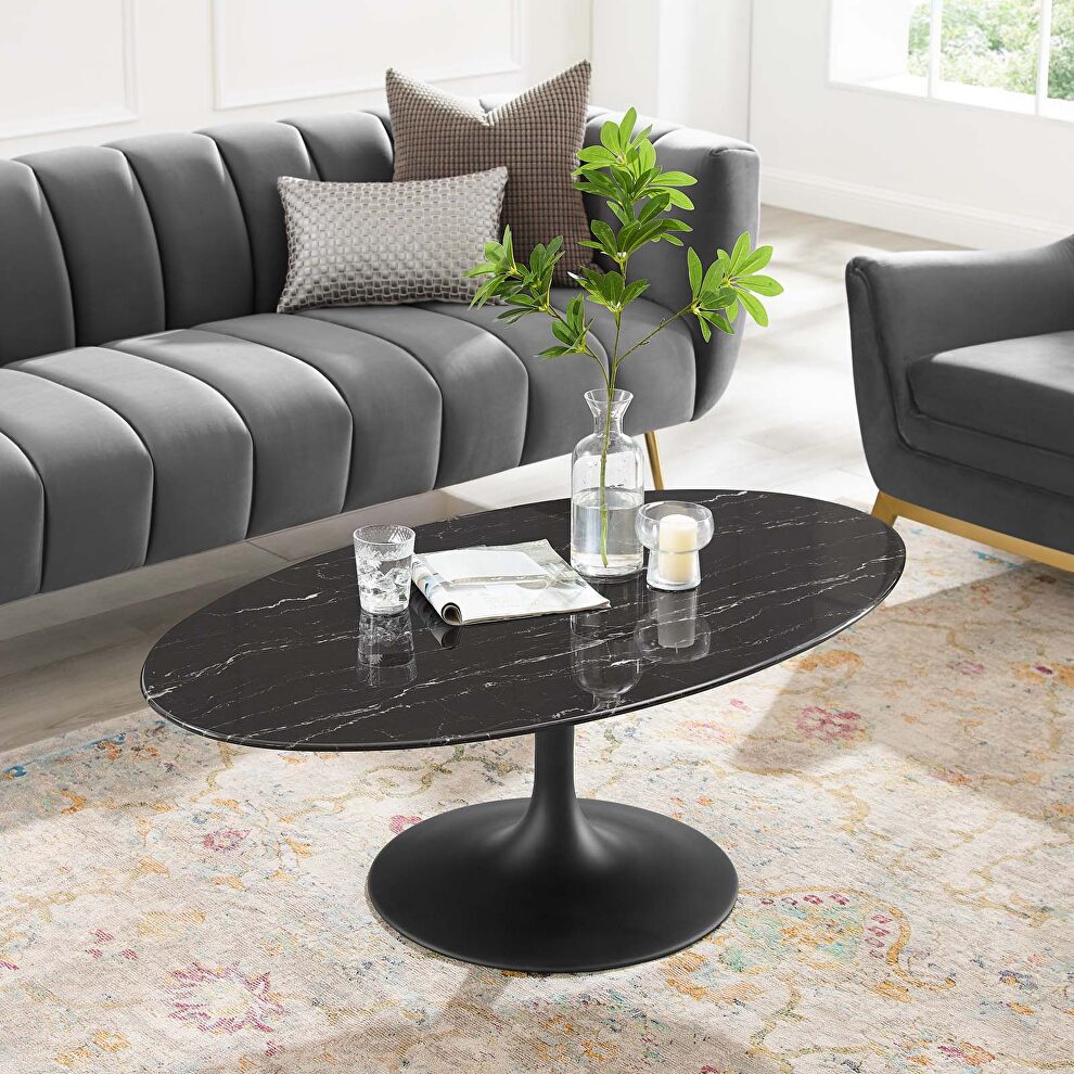 Oval artificial marble coffee table in black by Modway