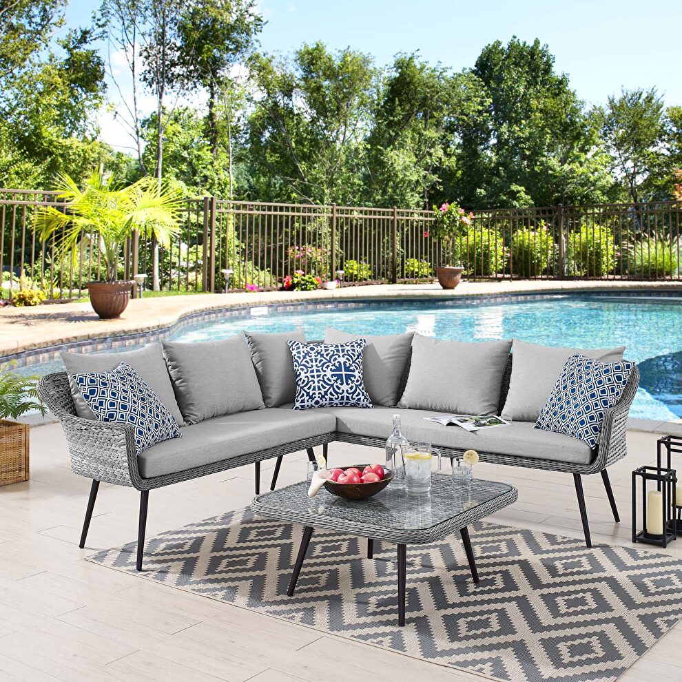 Gray finish outdoor patio wicker rattan seating sectional sofa and coffee table by Modway