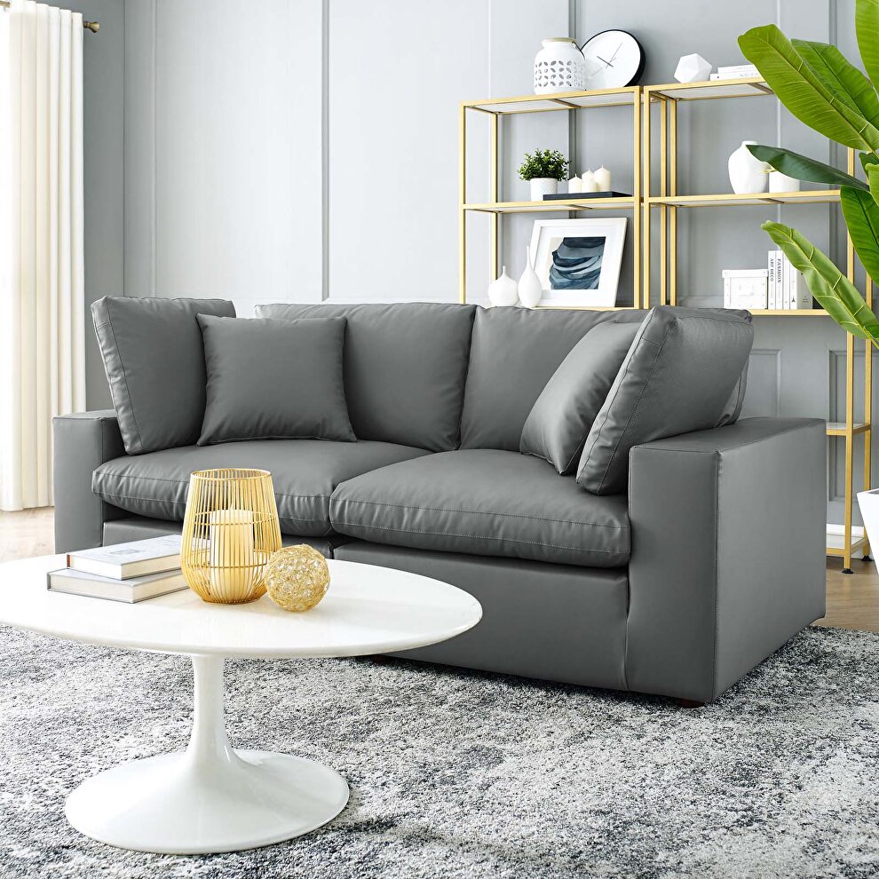 Down filled overstuffed vegan leather loveseat in gray by Modway