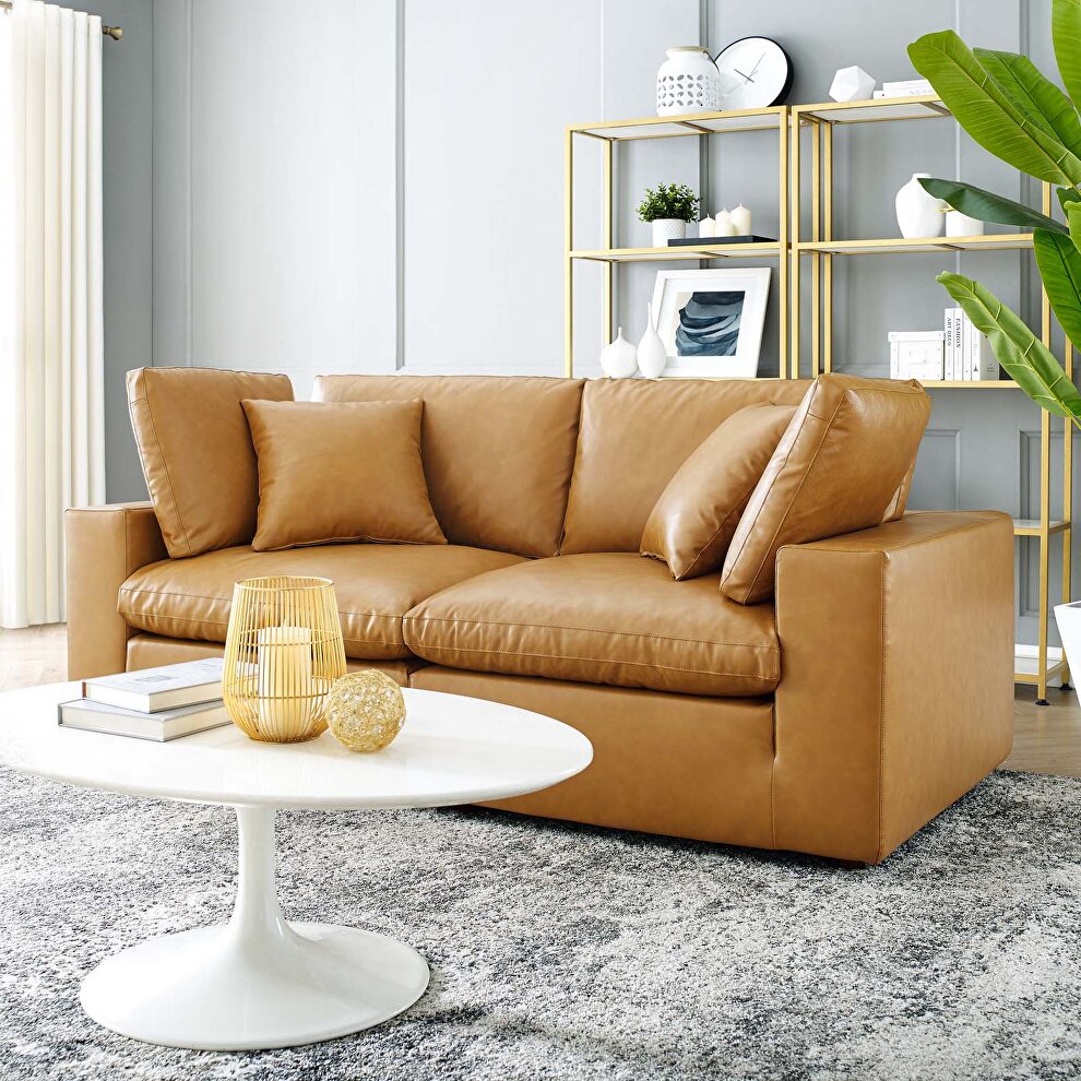 Down filled overstuffed vegan leather loveseat in tan by Modway