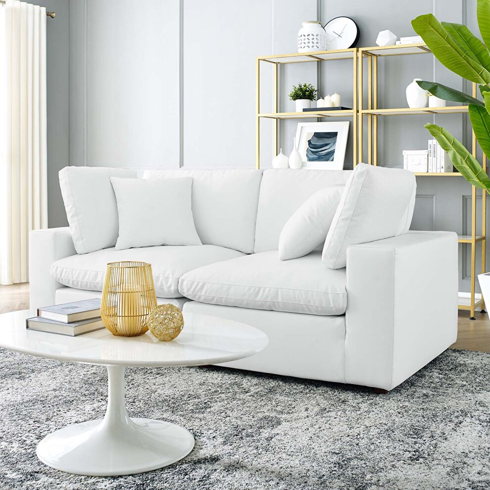 Down filled overstuffed vegan leather loveseat in white by Modway