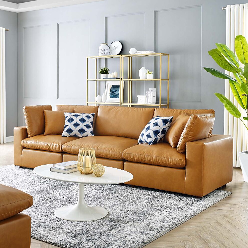 Down filled overstuffed vegan leather 3-seater sofa in tan by Modway