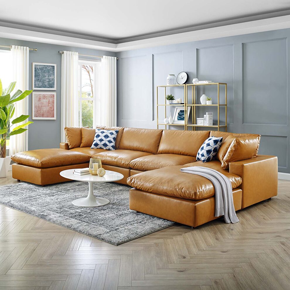 Down filled overstuffed vegan leather 6-piece sectional sofa in tan by Modway