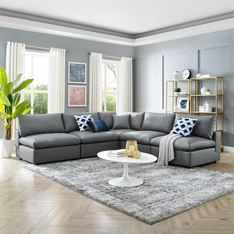 Down filled overstuffed vegan leather 5-piece sectional sofa in gray by Modway