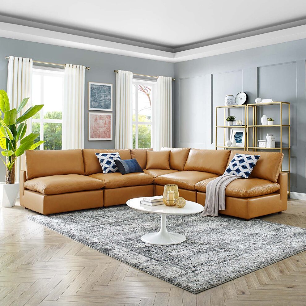 Down filled overstuffed vegan leather 5-piece sectional sofa in tan by Modway